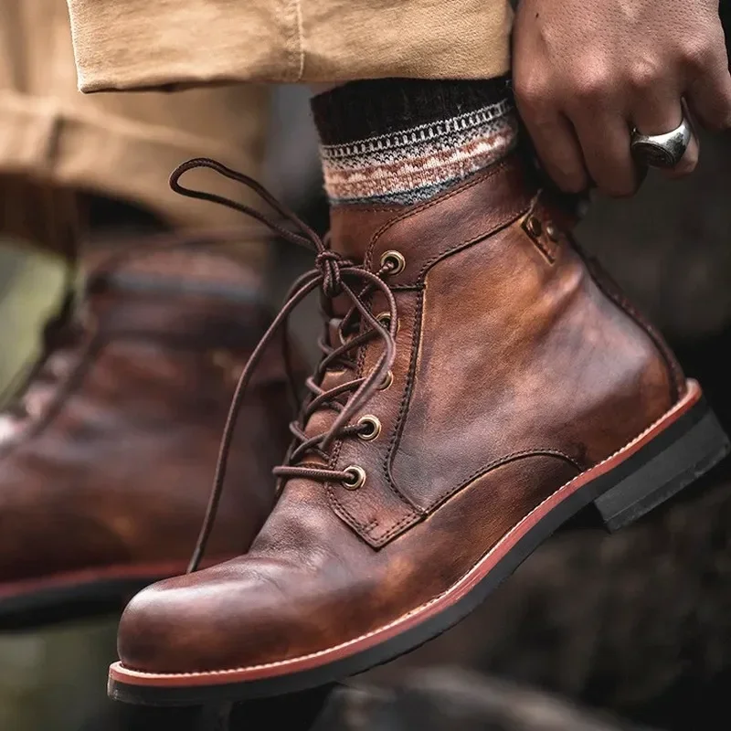 Leatherwork Uk - รถจักรยานยนต์รองเท้าอเมริกันรองเท้าหนังลําลองผู้ชาย UK สไตล์ Retro รองเท้าทํางานผู้ชาย Big