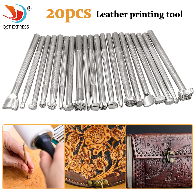 Leather Stamp Set - 20 ชิ้นหนังแสตมป์การพิมพ์ชุดเครื่องมือโลหะผสมแสตมป์ Punch ชุดแกะสลักอานทําเครื่องมือสําหรับหนังหัตถกรรม DIY งานศิลปะ