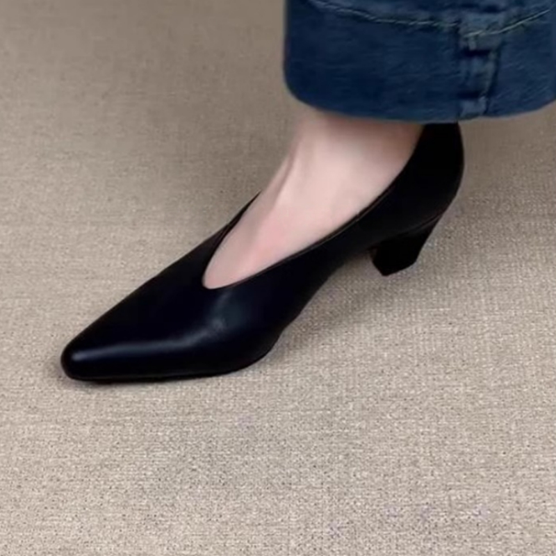 Leather Work Dress - 2025 ใหม่ผู้หญิง Pointed Toe Chunky Heel